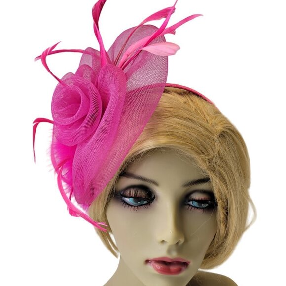 Pink Headband Fascinator with Pink Feathers and Pink Rosettes - Picture 8 of 14